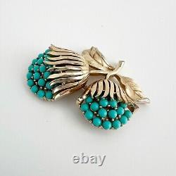 Crown Trifari Flower Brooch Pin Faux Turquoise Brushed Gold Tone Alfred Philippe
