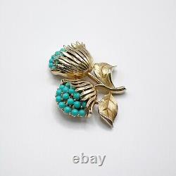 Crown Trifari Flower Brooch Pin Faux Turquoise Brushed Gold Tone Alfred Philippe