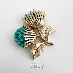 Crown Trifari Flower Brooch Pin Faux Turquoise Brushed Gold Tone Alfred Philippe