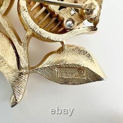 Crown Trifari Flower Brooch Pin Faux Turquoise Brushed Gold Tone Alfred Philippe