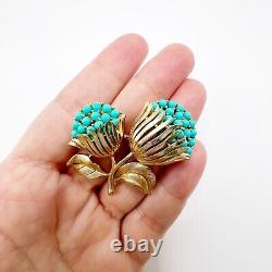 Crown Trifari Flower Brooch Pin Faux Turquoise Brushed Gold Tone Alfred Philippe