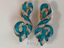 Crown Trifari Garden Of Eden Rhinestone Enamel Snake /Serpent Clip-On Earrings