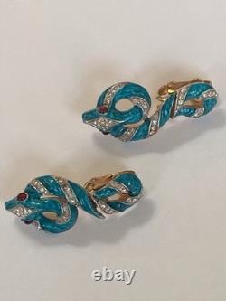 Crown Trifari Garden Of Eden Rhinestone Enamel Snake /Serpent Clip-On Earrings