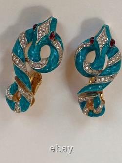 Crown Trifari Garden Of Eden Rhinestone Enamel Snake /Serpent Clip-On Earrings