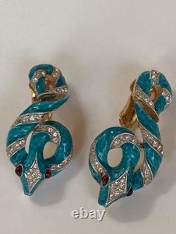 Crown Trifari Garden Of Eden Rhinestone Enamel Snake /Serpent Clip-On Earrings