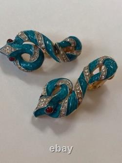 Crown Trifari Garden Of Eden Rhinestone Enamel Snake /Serpent Clip-On Earrings