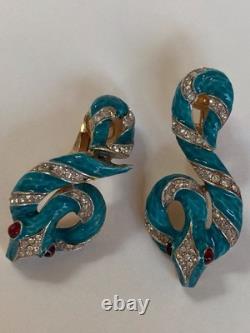 Crown Trifari Garden Of Eden Rhinestone Enamel Snake /Serpent Clip-On Earrings
