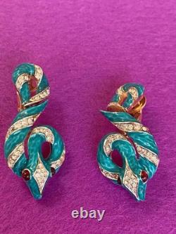 Crown Trifari Garden Of Eden Rhinestone Enamel Snake /Serpent Clip-On Earrings