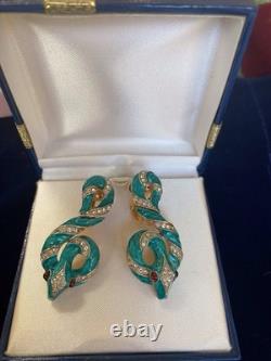 Crown Trifari Garden Of Eden Rhinestone Enamel Snake /Serpent Clip-On Earrings