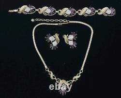 Crown Trifari Gold Tone Parure Alfred Philippe Purple Thistle 3-Piece Flower Set