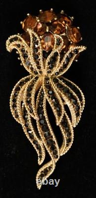 Crown Trifari Goldtone Alfred Philippe Black & Amber Flower Bouquet Brooch