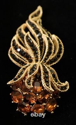 Crown Trifari Goldtone Alfred Philippe Black & Amber Flower Bouquet Brooch