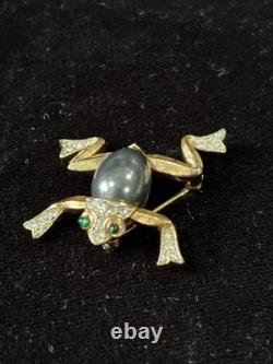 Crown Trifari Jelly Belly Frog Brooch Pin Jeweled Alfred Philippe Cabochon