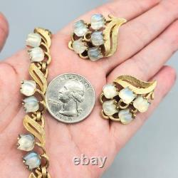 Crown Trifari LILY OF THE VALLEY Molded AB Opal Tulip Glass Necklace & Earrings