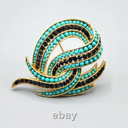 Crown Trifari Philippe Faux Turquoise Sapphire Crystal Gold Tone Swirl Brooch