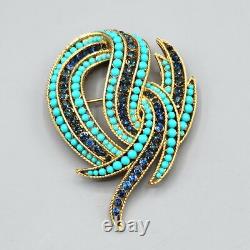 Crown Trifari Philippe Faux Turquoise Sapphire Crystal Gold Tone Swirl Brooch