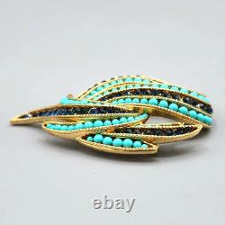 Crown Trifari Philippe Faux Turquoise Sapphire Crystal Gold Tone Swirl Brooch