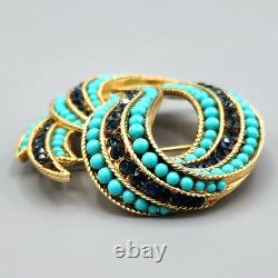 Crown Trifari Philippe Faux Turquoise Sapphire Crystal Gold Tone Swirl Brooch