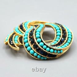 Crown Trifari Philippe Faux Turquoise Sapphire Crystal Gold Tone Swirl Brooch
