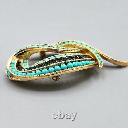 Crown Trifari Philippe Faux Turquoise Sapphire Crystal Gold Tone Swirl Brooch