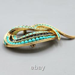 Crown Trifari Philippe Faux Turquoise Sapphire Crystal Gold Tone Swirl Brooch