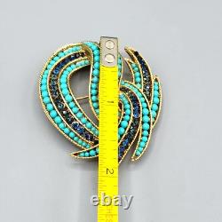 Crown Trifari Philippe Faux Turquoise Sapphire Crystal Gold Tone Swirl Brooch