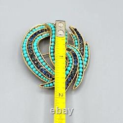 Crown Trifari Philippe Faux Turquoise Sapphire Crystal Gold Tone Swirl Brooch