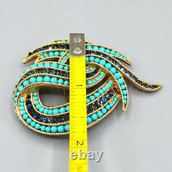 Crown Trifari Philippe Faux Turquoise Sapphire Crystal Gold Tone Swirl Brooch