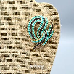 Crown Trifari Philippe Faux Turquoise Sapphire Crystal Gold Tone Swirl Brooch