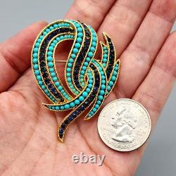 Crown Trifari Philippe Faux Turquoise Sapphire Crystal Gold Tone Swirl Brooch