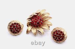 Crown Trifari Red Rhinestone Textured Sunflower Alfred Philippe Brooch Set