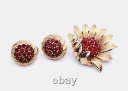 Crown Trifari Red Rhinestone Textured Sunflower Alfred Philippe Brooch Set