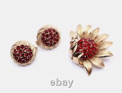 Crown Trifari Red Rhinestone Textured Sunflower Alfred Philippe Brooch Set