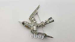 Crown Trifari Rhodium Silver Clear Crystals Flying Swallow Brooch, Red Eye