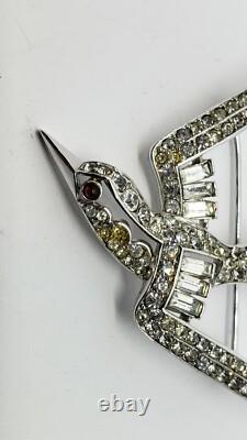 Crown Trifari Rhodium Silver Clear Crystals Flying Swallow Brooch, Red Eye