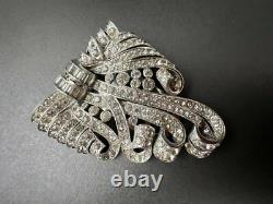 Crown Trifari Sign Silver Tone Alfred Philippe Rhinestones Ribbon Dress Clip #47