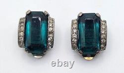 Crown Trifari Sterling Silver Teal Green Rhinestone Clip Earring Alfred Philippe