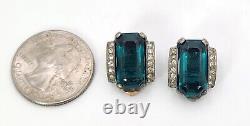 Crown Trifari Sterling Silver Teal Green Rhinestone Clip Earring Alfred Philippe