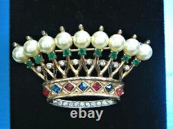 Crown Trifari Sterling'alfred Philippe' Jeweled Faux Pearls Crown Brooch Taf7