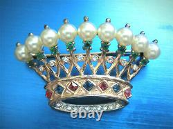 Crown Trifari Sterling'alfred Philippe' Jeweled Faux Pearls Crown Brooch Taf7