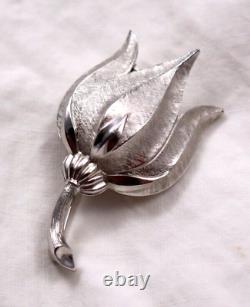 Crown Trifari Tulip Pin Brooch Brushed Silvertone Vintage MCM Alfred Philippe 2