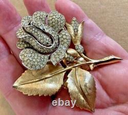 Crown Trifari Vintage Alfred Philippe Brooch Pin Large Rose w Rhinestones BIN