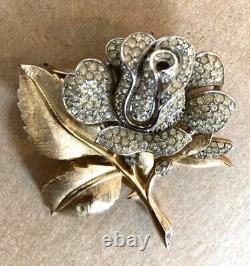 Crown Trifari Vintage Alfred Philippe Brooch Pin Large Rose w Rhinestones BIN