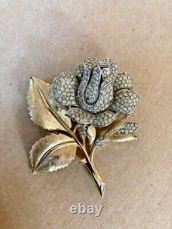 Crown Trifari Vintage Alfred Philippe Brooch Pin Large Rose w Rhinestones BIN