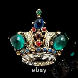 Crown Trifari Vintage Alfred Philippe Gold Plated Green Blue Rhinestone Cabochon