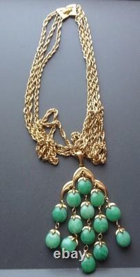 Crown Trifari Waterfall Triple Str Necklace Faux Jade Lucite Goldtone A Philippe