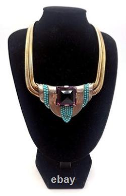 EXTREMELY RARE 1938 TRIFARI Necklace WithLarge Pointy Purple Stone & Fx Turquoise