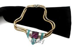 EXTREMELY RARE 1938 TRIFARI Necklace WithLarge Pointy Purple Stone & Fx Turquoise