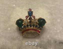 Extremely Rare Trifari Alfred Philippe Emerald Ruby Rhinestone Crown Brooch Pin