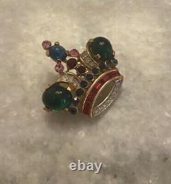 Extremely Rare Trifari Alfred Philippe Emerald Ruby Rhinestone Crown Brooch Pin